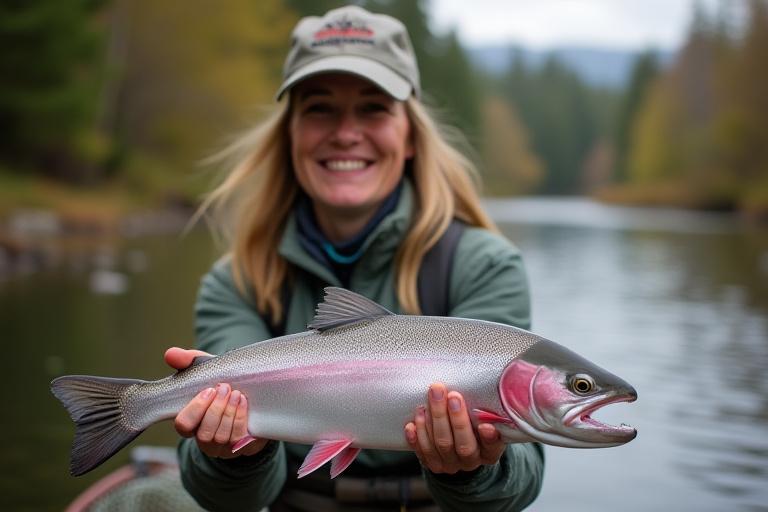 Sarah Miller holding a salmon by a river